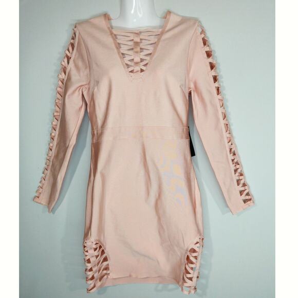 Venus Bandage Strappy Pink Cut Out Bodycon Mini Party Chic Dress LARGE NWT - Picture 2 of 10